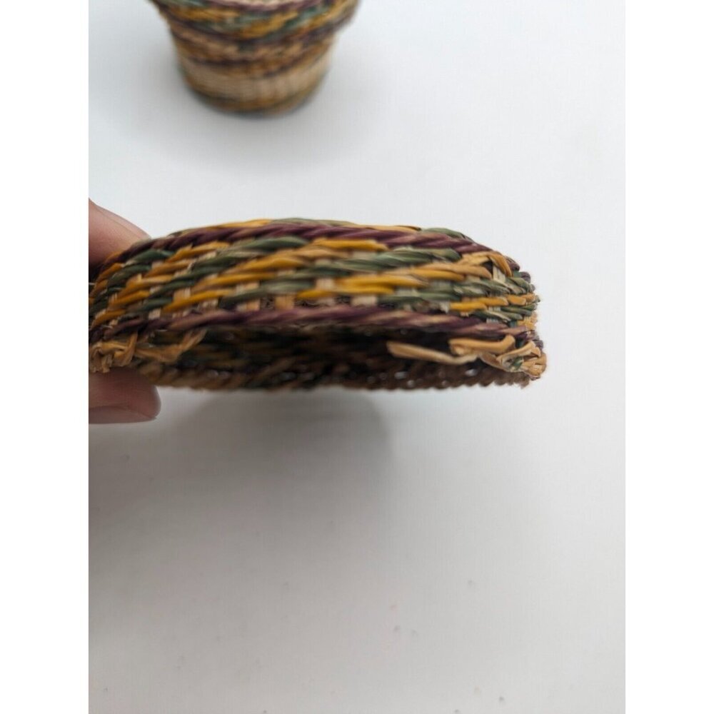 Hand Woven Basket w Lid - Wicker Ethnic Grass Straw Boho Tiny - Green Yellow - Picture 11 of 12